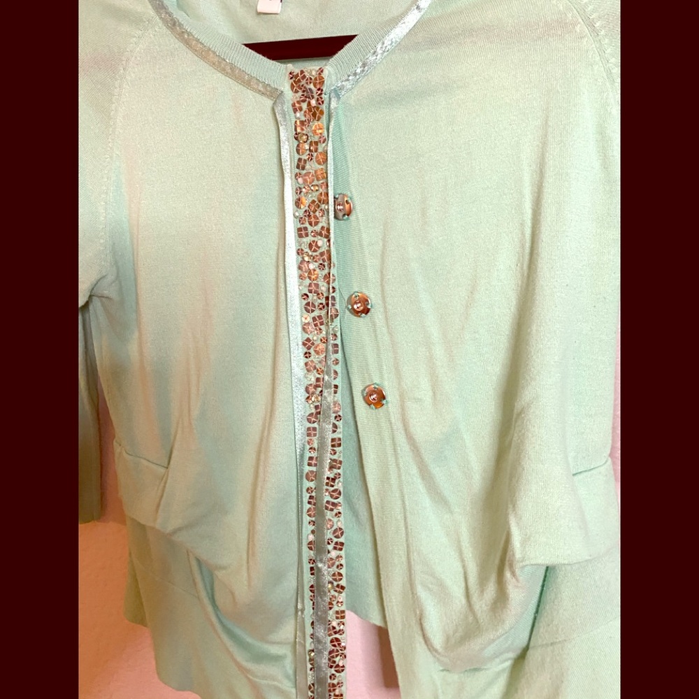 Large mint with silver sequined cardigan sweater